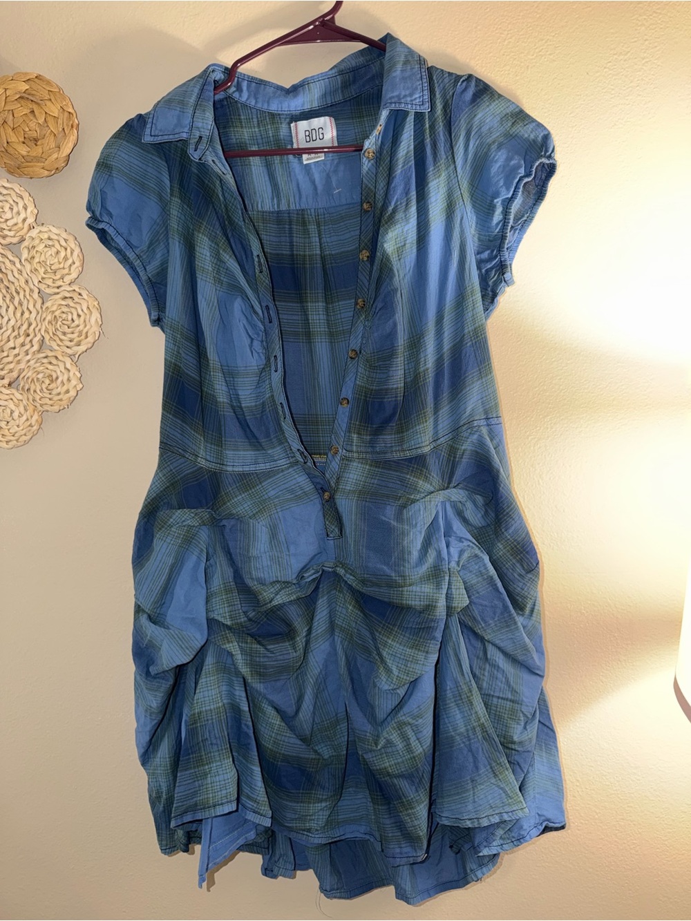 BDG Blue & Green Plaid Button-Front Casual Dress